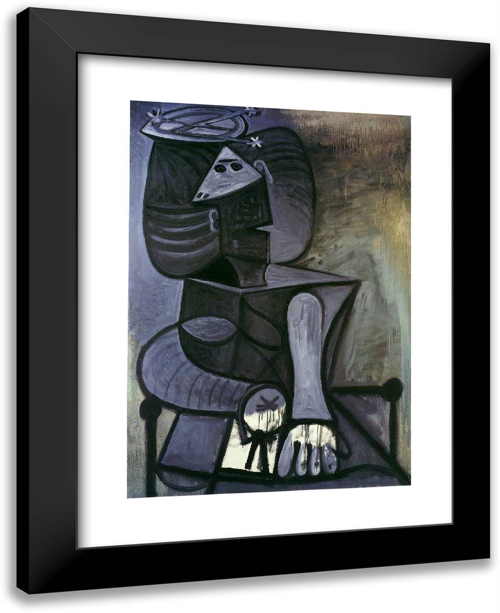 Seated Woman with Flat Hat 19x24 Black Modern Wood Framed Art Print Poster by Picasso, Pablo