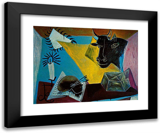 Still Life with a Bull's Head, Book and Candle Range 24x20 Black Modern Wood Framed Art Print Poster by Picasso, Pablo