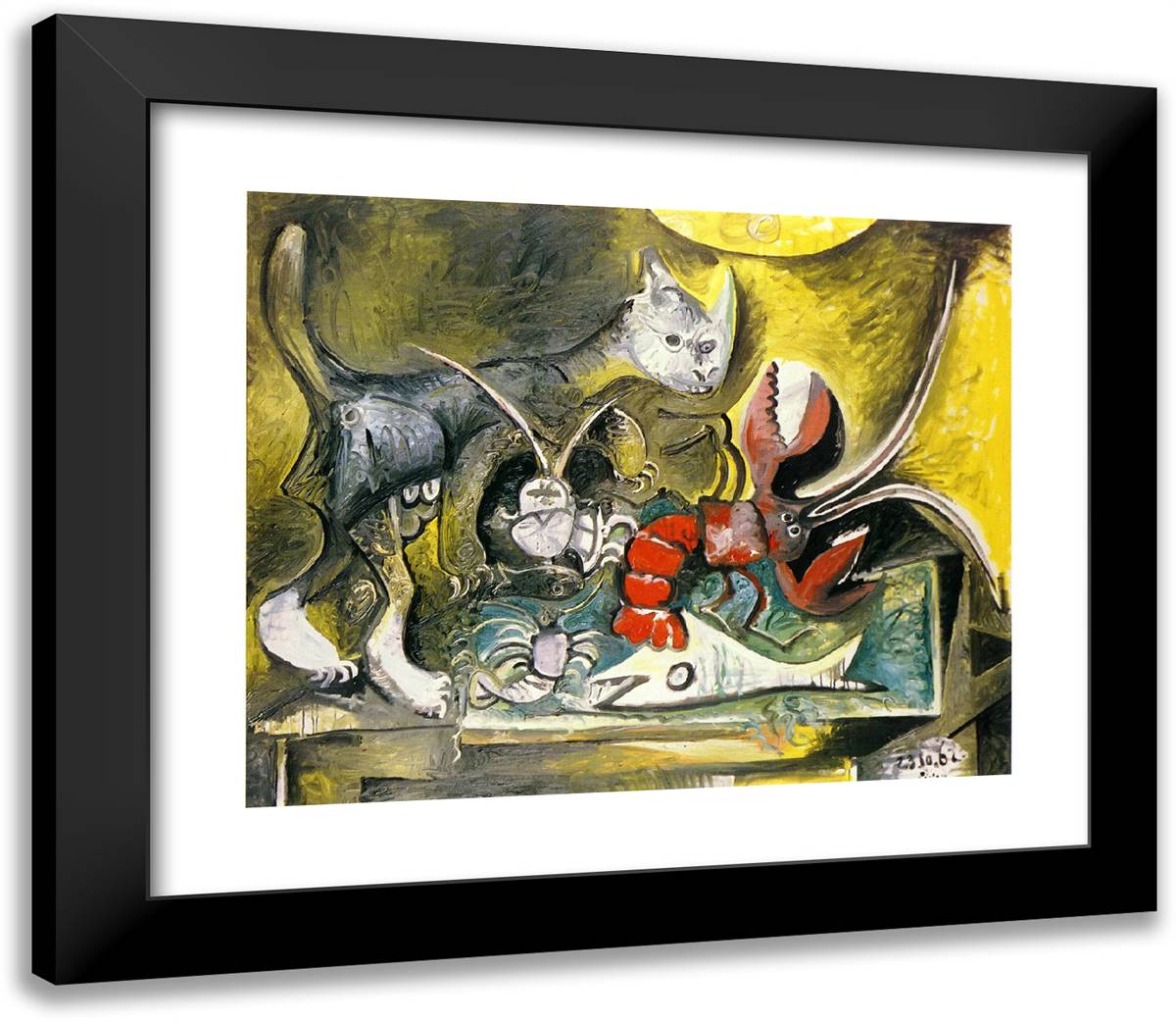 Still Life with Cat and Lobster 23x20 Black Modern Wood Framed Art Print Poster by Picasso, Pablo