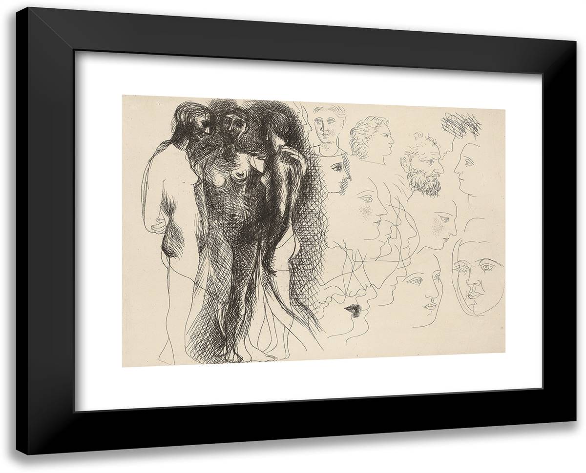 Three Standing Nudes, with Sketches of Faces, Plate Nine from Le Chef D'Oeuvre Inconnu 24x19 Black Modern Wood Framed Art Print Poster by Picasso, Pablo