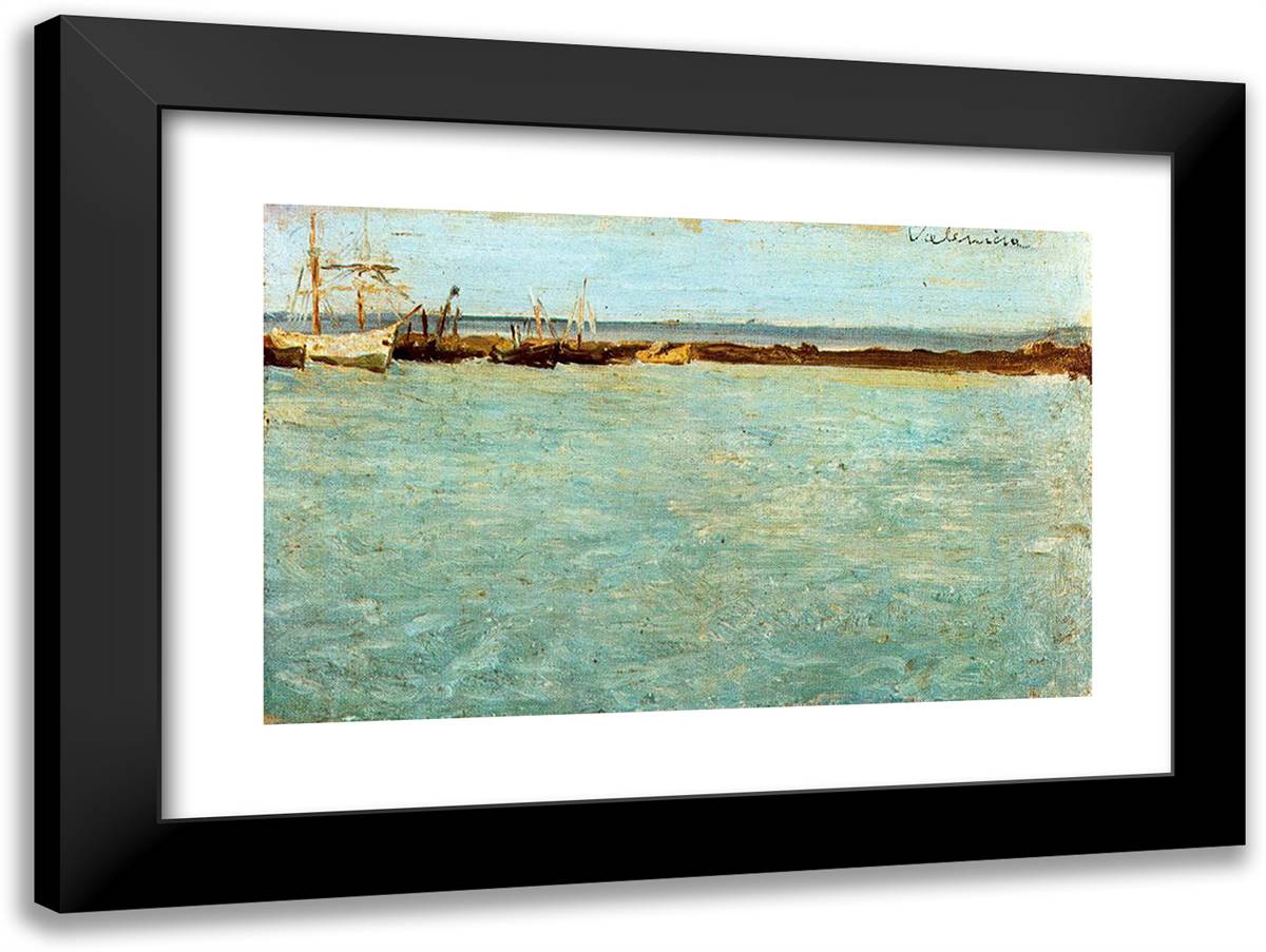 View of the Port of Valencia 24x18 Black Modern Wood Framed Art Print Poster by Picasso, Pablo