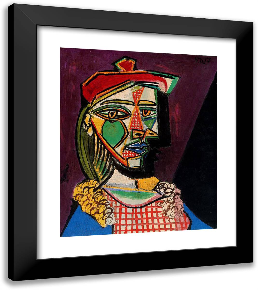 Woman in Beret and Checked Dress 20x23 Black Modern Wood Framed Art Print Poster by Picasso, Pablo