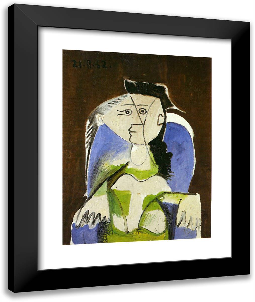 Woman Sitting in Blue Armchair 20x24 Black Modern Wood Framed Art Print Poster by Picasso, Pablo