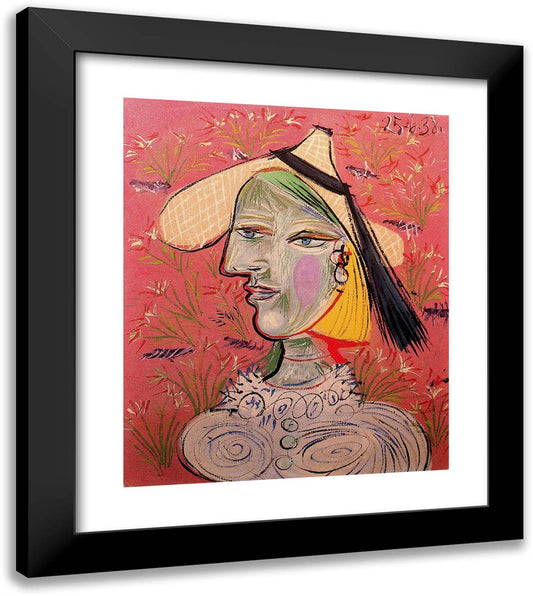 Woman with Straw Hat on Flowery Background 20x23 Black Modern Wood Framed Art Print Poster by Picasso, Pablo