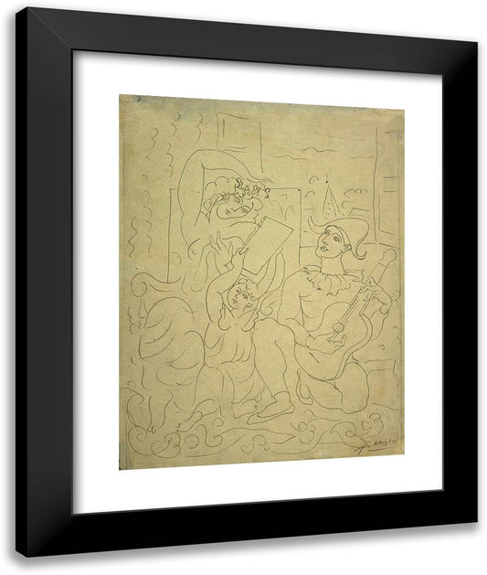 Woman, Amor, and Harlequin Playing the Guitar 20x24 Black Modern Wood Framed Art Print Poster by Picasso, Pablo