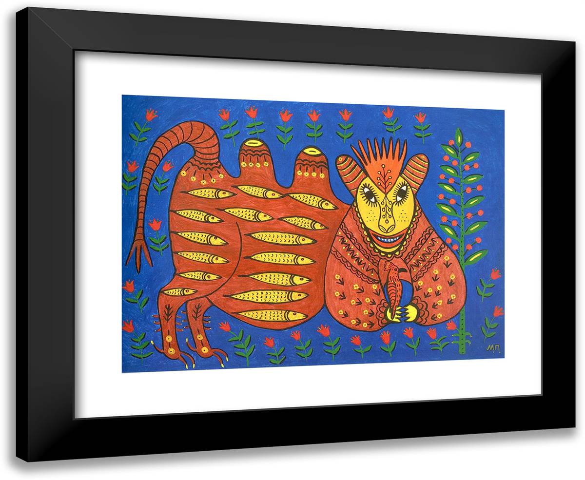 A Fish King Has Caught a Hoopoe and Is Full of Joy 24x20 Black Modern Wood Framed Art Print Poster by Primachenko, Maria