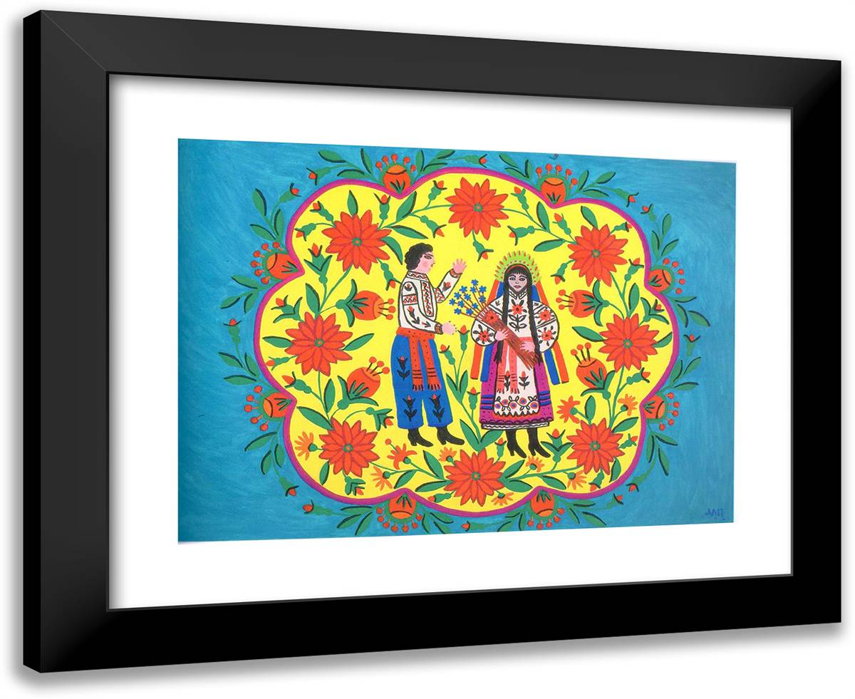 Flax Blooms and a Cossack Goes to a Girl 24x20 Black Modern Wood Framed Art Print Poster by Primachenko, Maria
