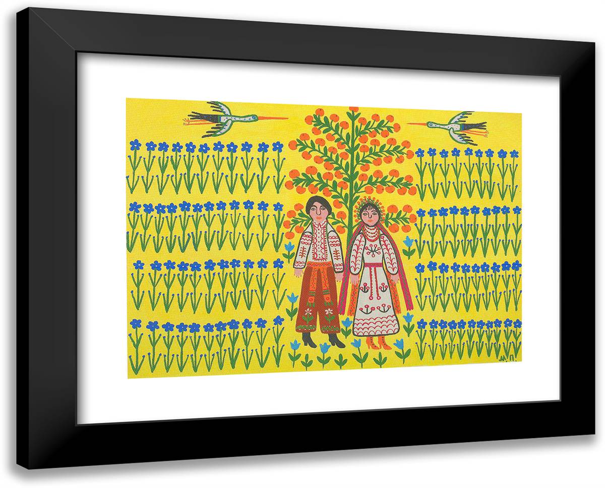 Flax Blooms, a Bride Goes to Her Groom 24x19 Black Modern Wood Framed Art Print Poster by Primachenko, Maria