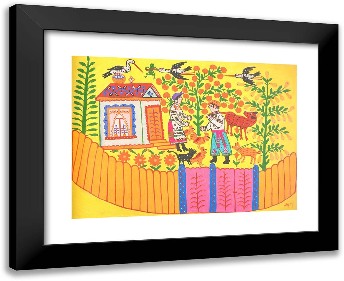 Godfather Brings a Calf to Godmother 24x20 Black Modern Wood Framed Art Print Poster by Primachenko, Maria