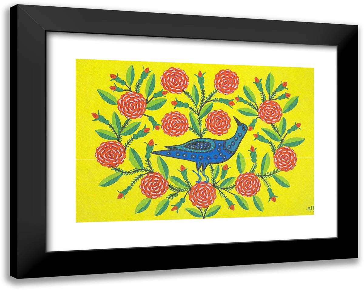 Magpie in Roses 24x19 Black Modern Wood Framed Art Print Poster by Primachenko, Maria