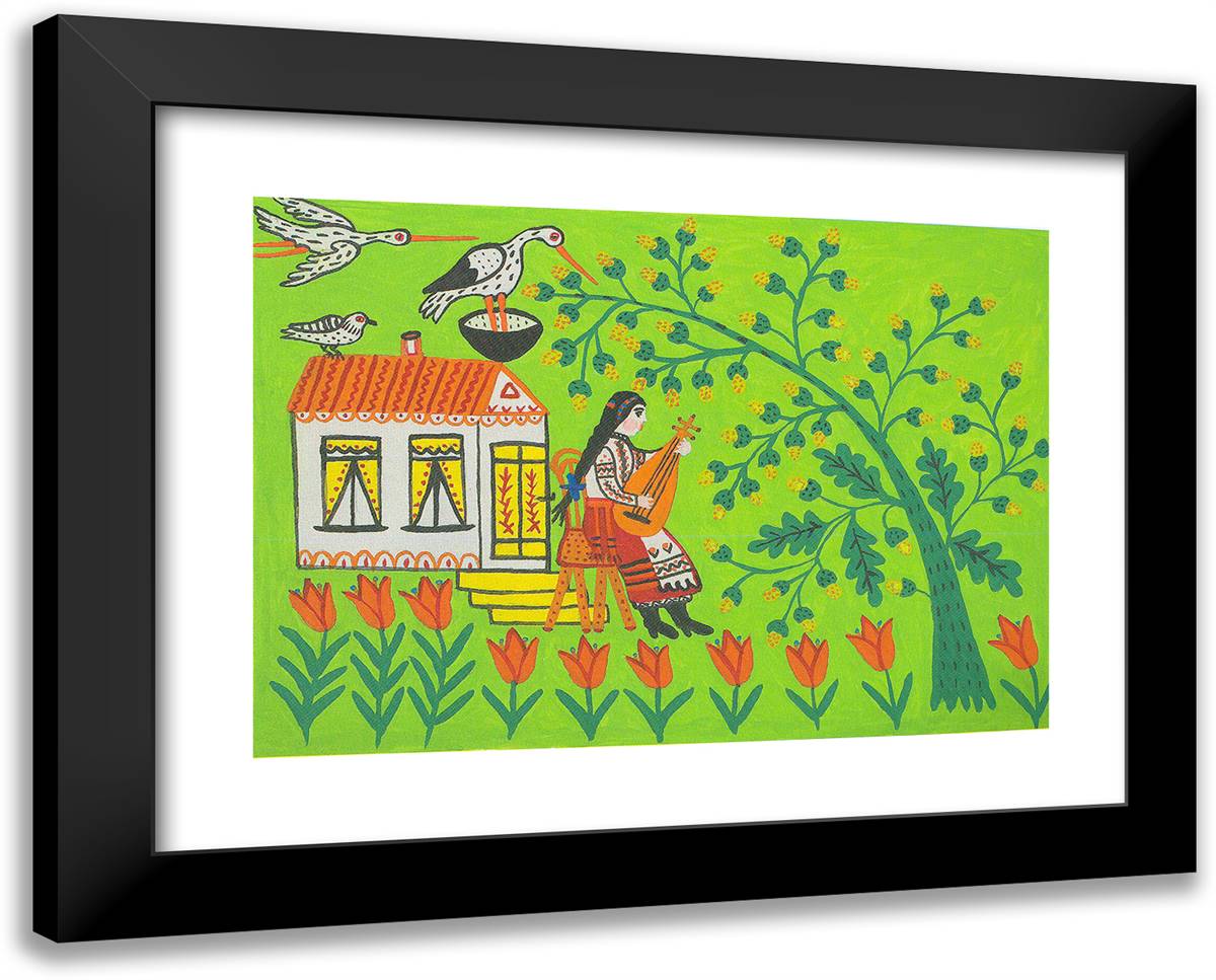 Maiden Plays the Lute and Waits for Her Beloved 24x19 Black Modern Wood Framed Art Print Poster by Primachenko, Maria