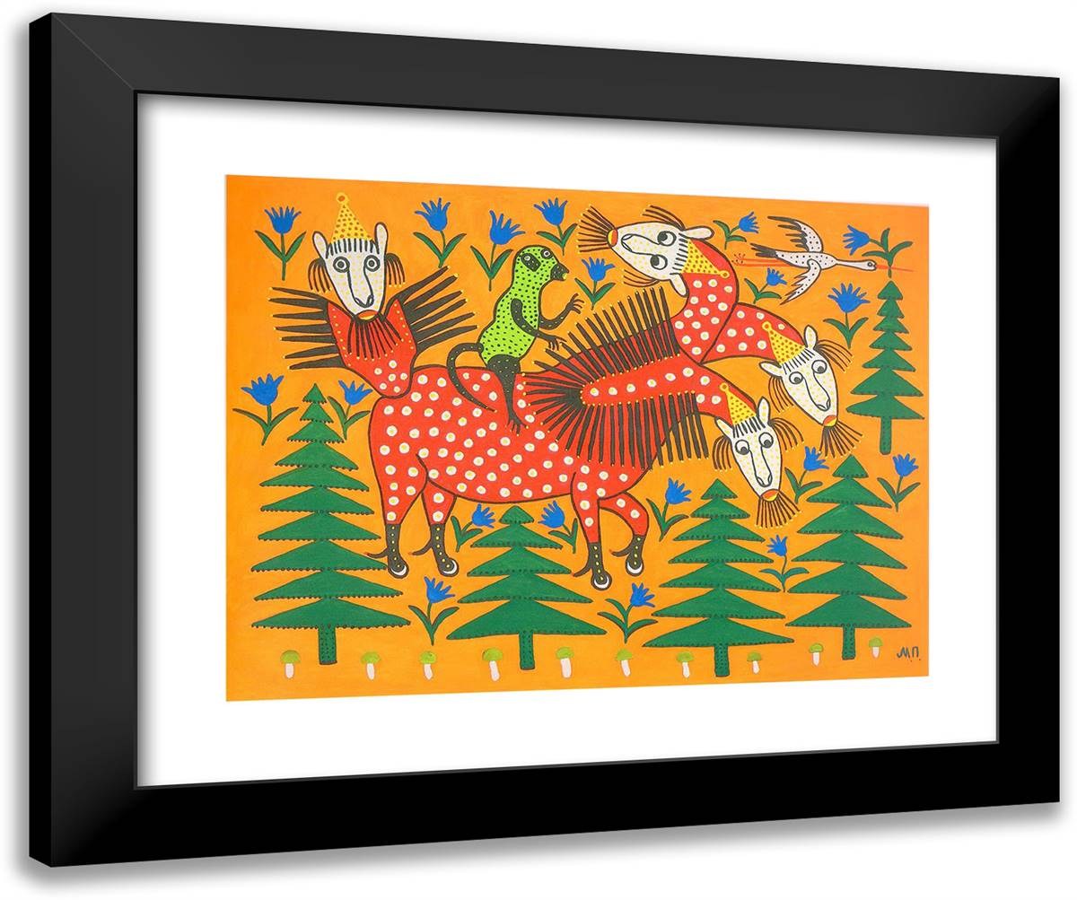 Monkey Riding a Four-Headed Beast 24x20 Black Modern Wood Framed Art Print Poster by Primachenko, Maria