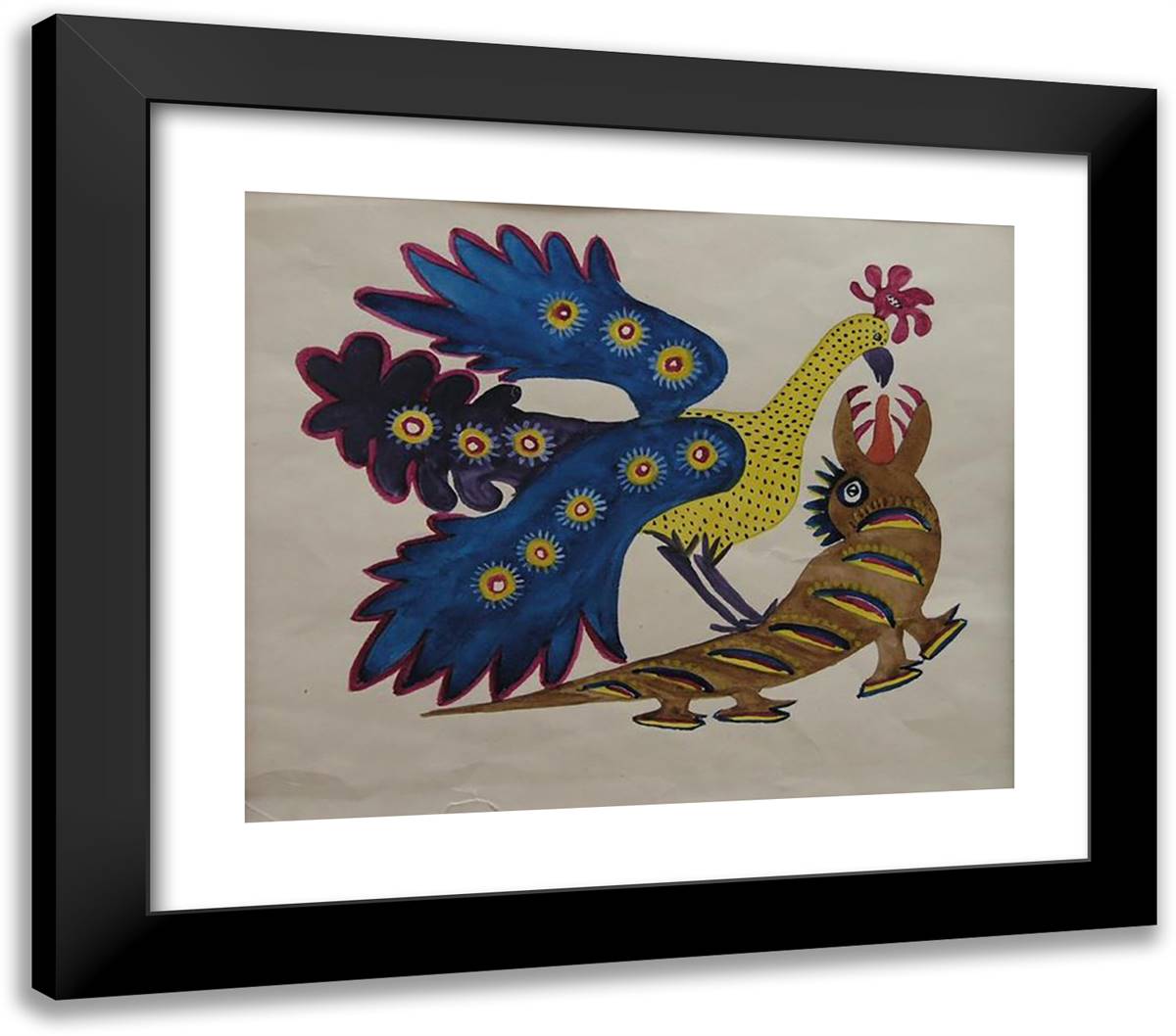 Peacock and Crocodile 23x20 Black Modern Wood Framed Art Print Poster by Primachenko, Maria