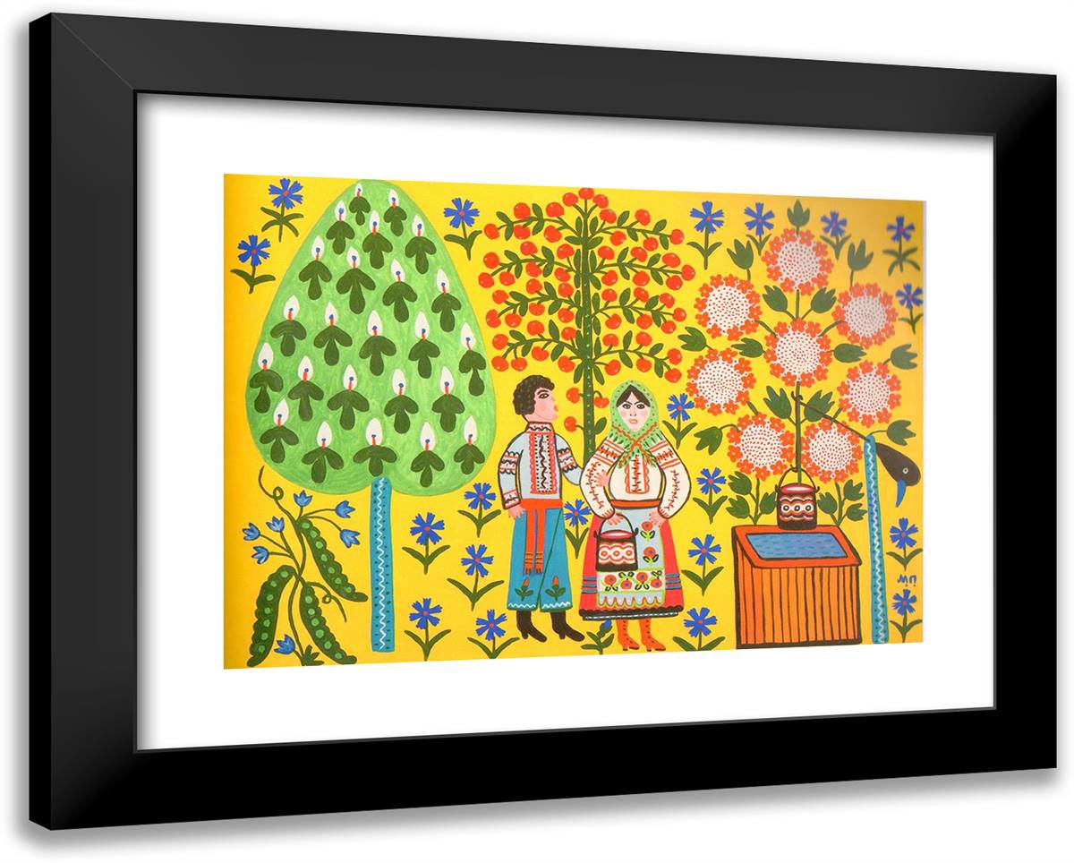 Red Snowball Tree Blooms Over a Well 24x19 Black Modern Wood Framed Art Print Poster by Primachenko, Maria