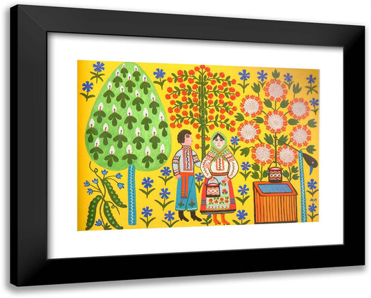 Red Snowball Tree Blooms Over a Well 24x19 Black Modern Wood Framed Art Print Poster by Primachenko, Maria