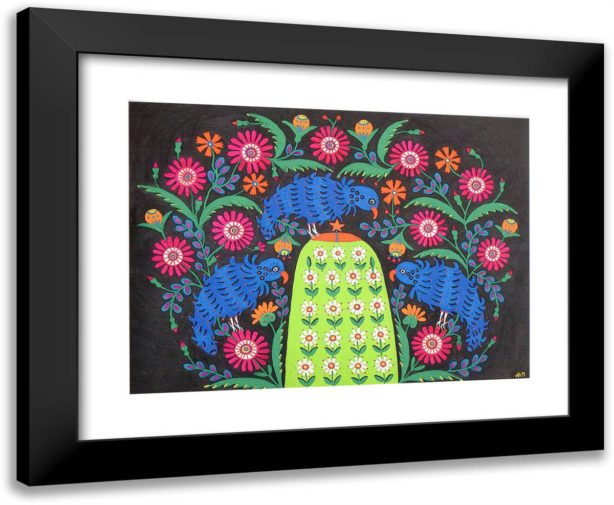 Three Parrots on a Soldier's Grave 24x20 Black Modern Wood Framed Art Print Poster by Primachenko, Maria