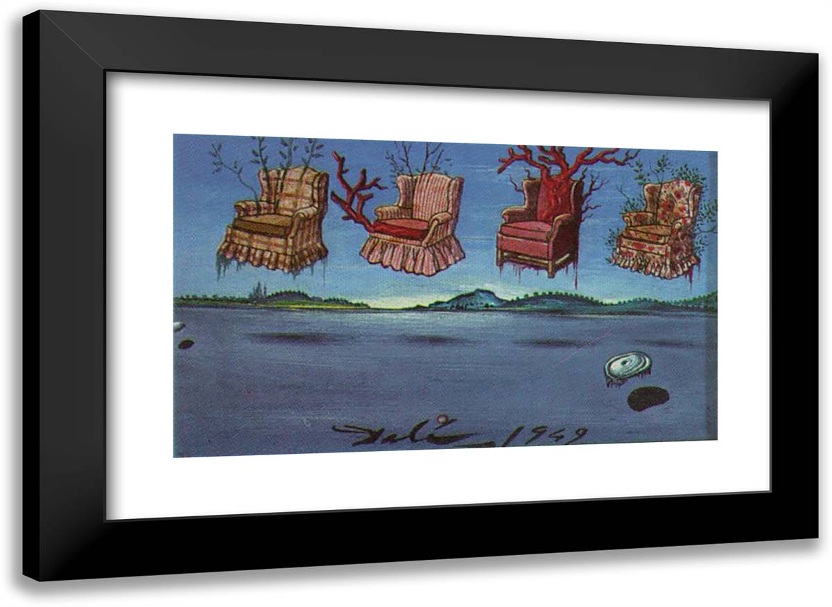 Four Armchairs in the Sky 24x18 Black Modern Wood Framed Art Print Poster by Dali, Salvador