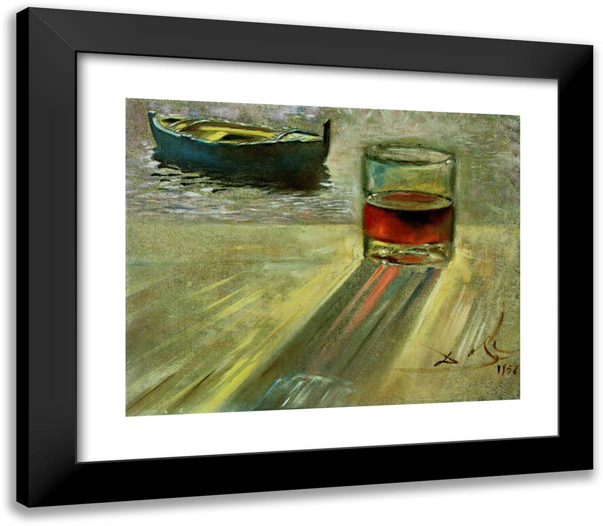 Glass of Wine and Boat 23x20 Black Modern Wood Framed Art Print Poster by Dali, Salvador