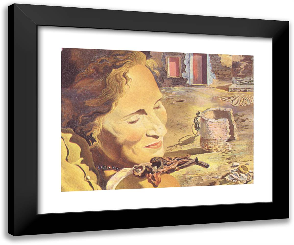 Portrait of Gala with Two Lamb Chops Balanced on Her Shoulder 24x20 Black Modern Wood Framed Art Print Poster by Dali, Salvador