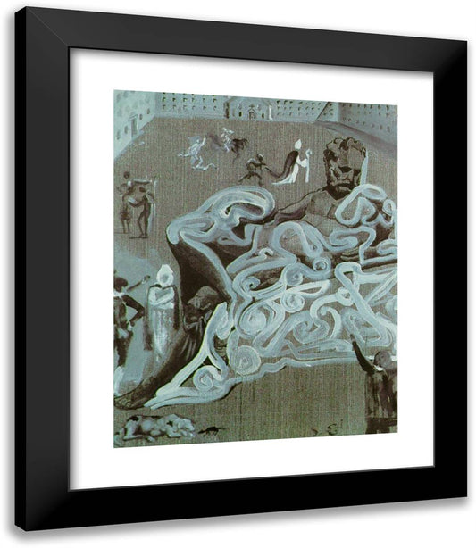 Scene in the Courtyard of the Escorial with a Figure in the Foreground Inspired by Michelangelo's 'Evening' on the Tomb of Lorenzo Di Medici 20x23 Black Modern Wood Framed Art Print Poster by Dali, Salvador