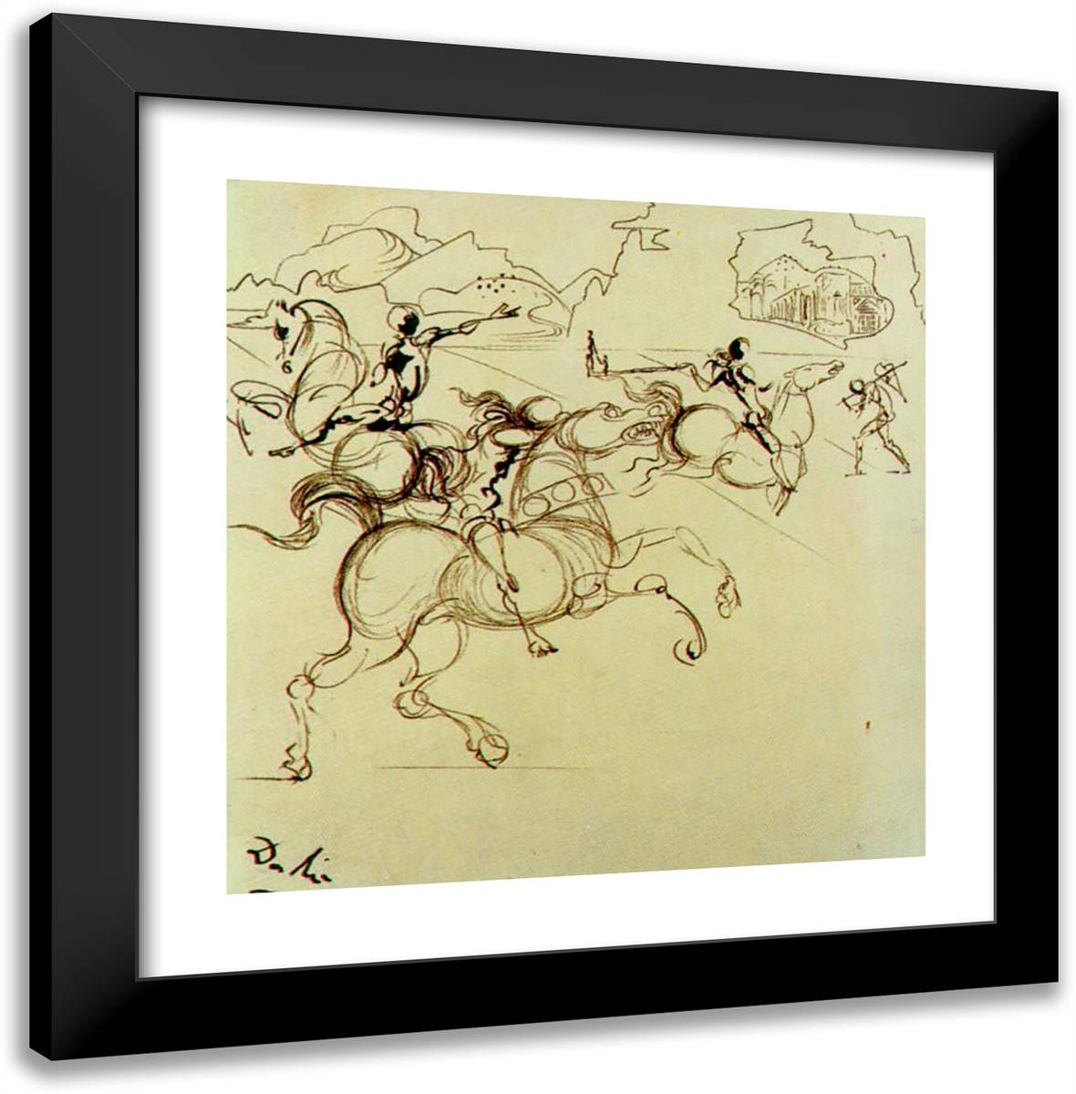 Surrealist Warriors for a Four-Part Screen, Centre Left 20x20 Black Modern Wood Framed Art Print Poster by Dali, Salvador