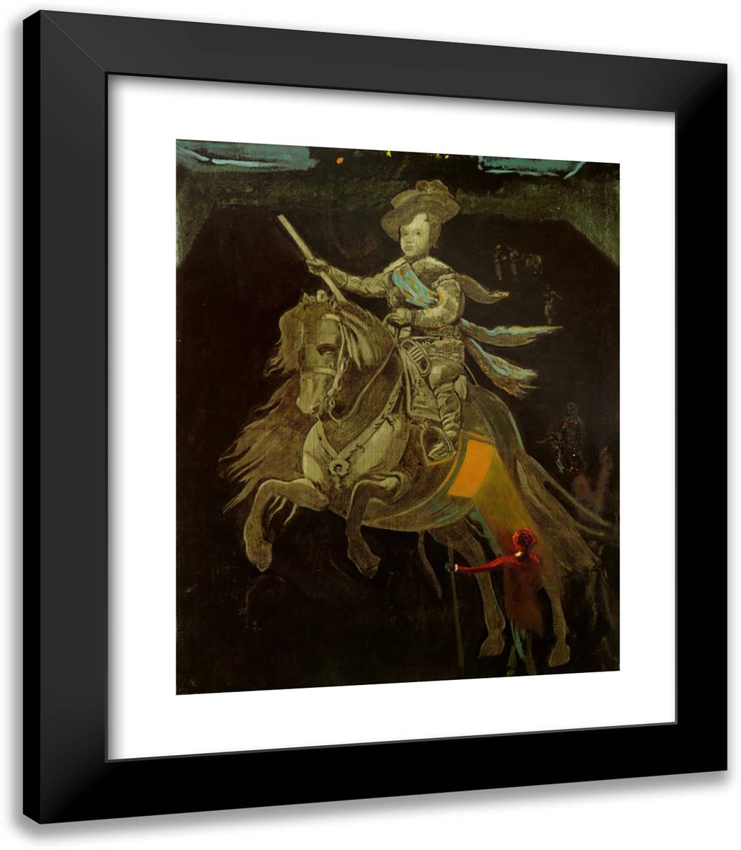 Untitled - Equestrian Figure of Prince Baltasar Carlos, After Velazquez, with Figures in the Courtyard of the Escorial 20x23 Black Modern Wood Framed Art Print Poster by Dali, Salvador