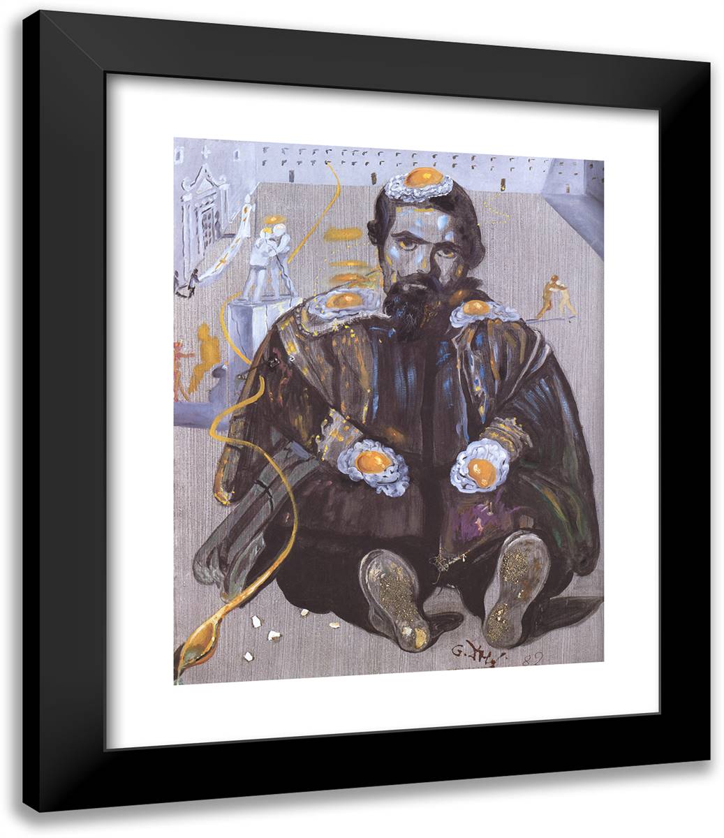 Velazquez Dying Behind the Window on the Left Side Out of Which a Spoon Projects 20x24 Black Modern Wood Framed Art Print Poster by Dali, Salvador