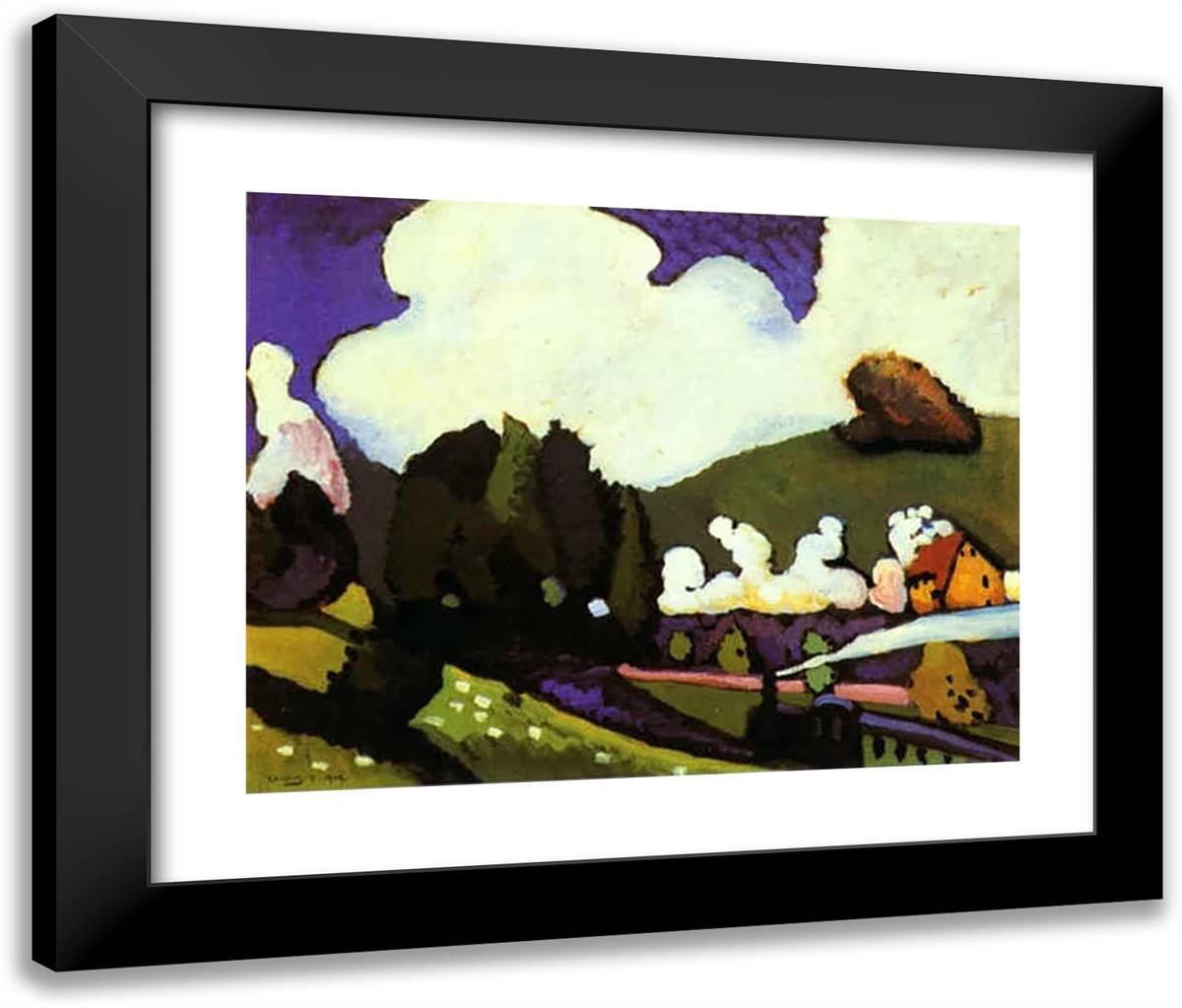 Landscape with a Steam Locomotive 24x20 Black Modern Wood Framed Art Print Poster by Kandinsky, Wassily