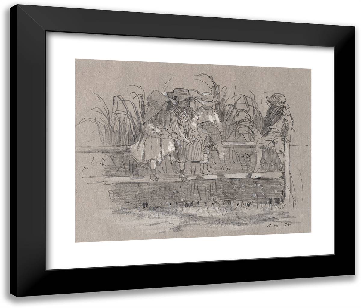 Children Sitting on a Fence 24x20 Black Modern Wood Framed Art Print Poster by Homer, Winslow