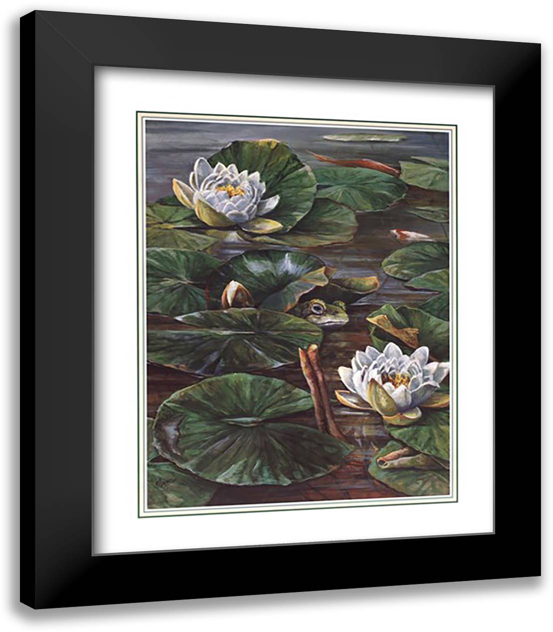 Pat Durgin - Frog in Lily Pond Size 20x24 Black Modern Wood Framed Art Print Poster by Durgin, Pat