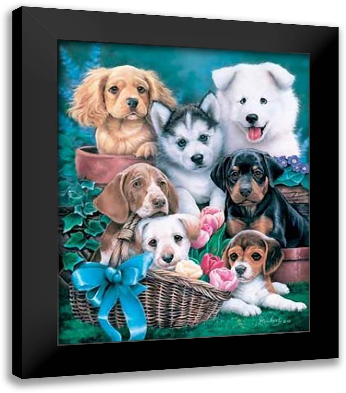 Puppies I 20x24 Black Modern Wood Framed Art Print Poster by Newland, Jenny