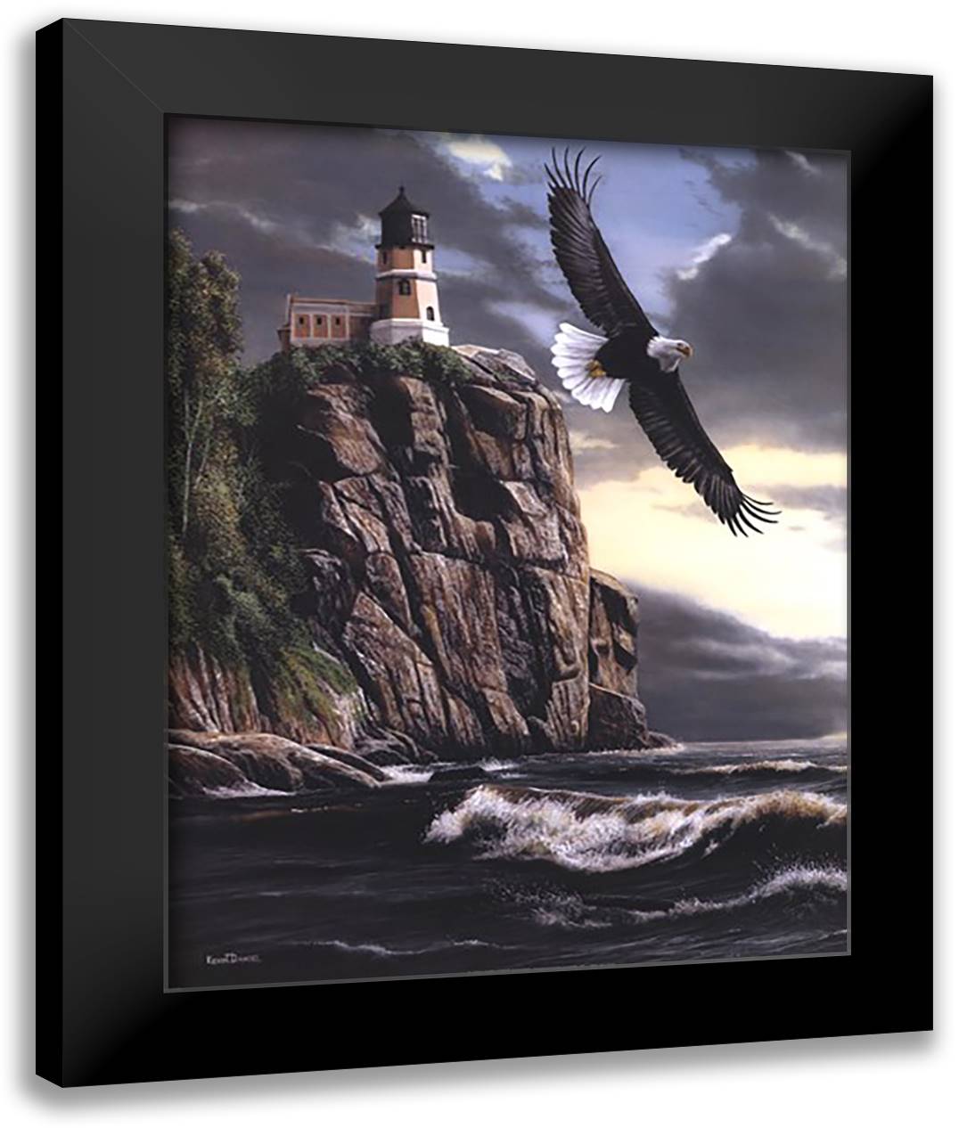 Eagle Over Lighthouse 20x24 Black Modern Wood Framed Art Print Poster by Daniel, Kevin