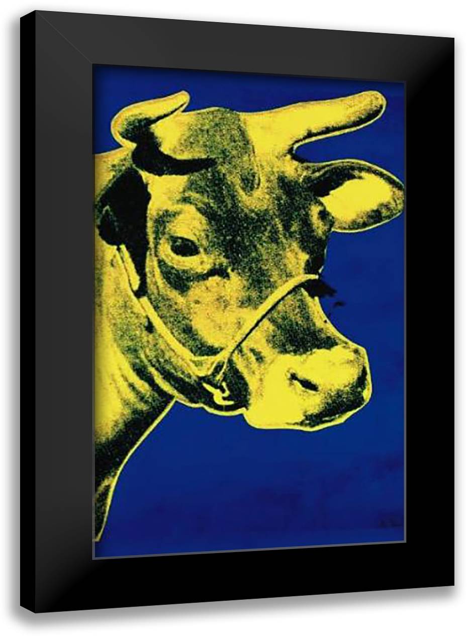 Cow Yellow On Blue Background-Sm 24x38 Black Modern Wood Framed Art Print Poster by Warhol, Andy