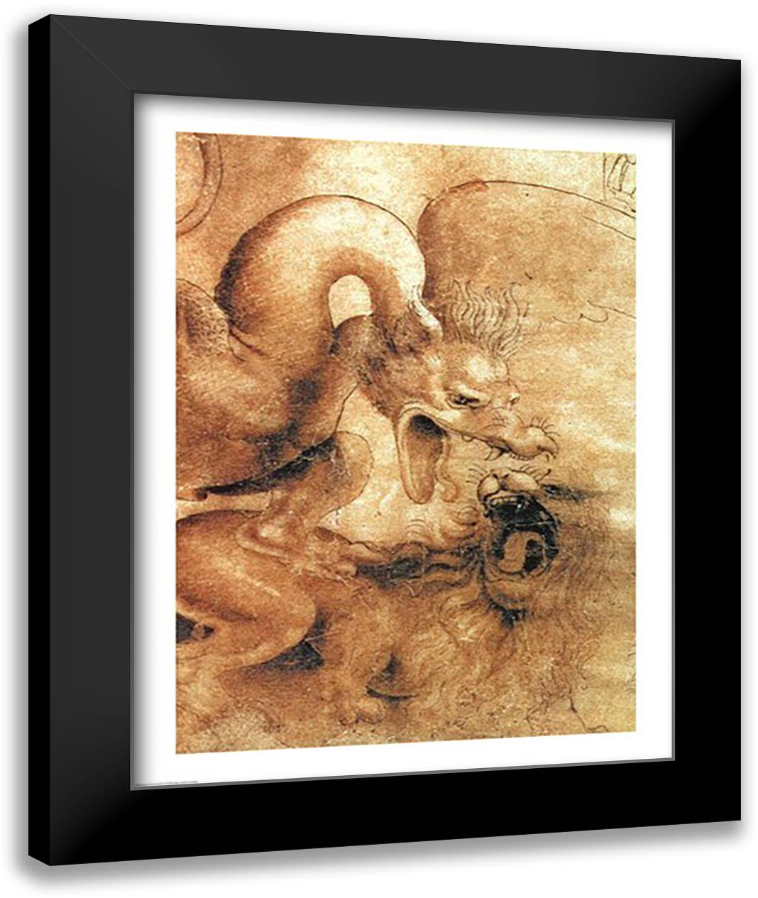 Detail of the Dragon from the drawing Fight between a Dragon and a Lion 22x28 Black Modern Wood Framed Art Print Poster by da Vinci, Leonardo