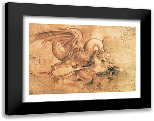Fight between a Dragon and a Lion 28x22 Black Modern Wood Framed Art Print Poster by da Vinci, Leonardo