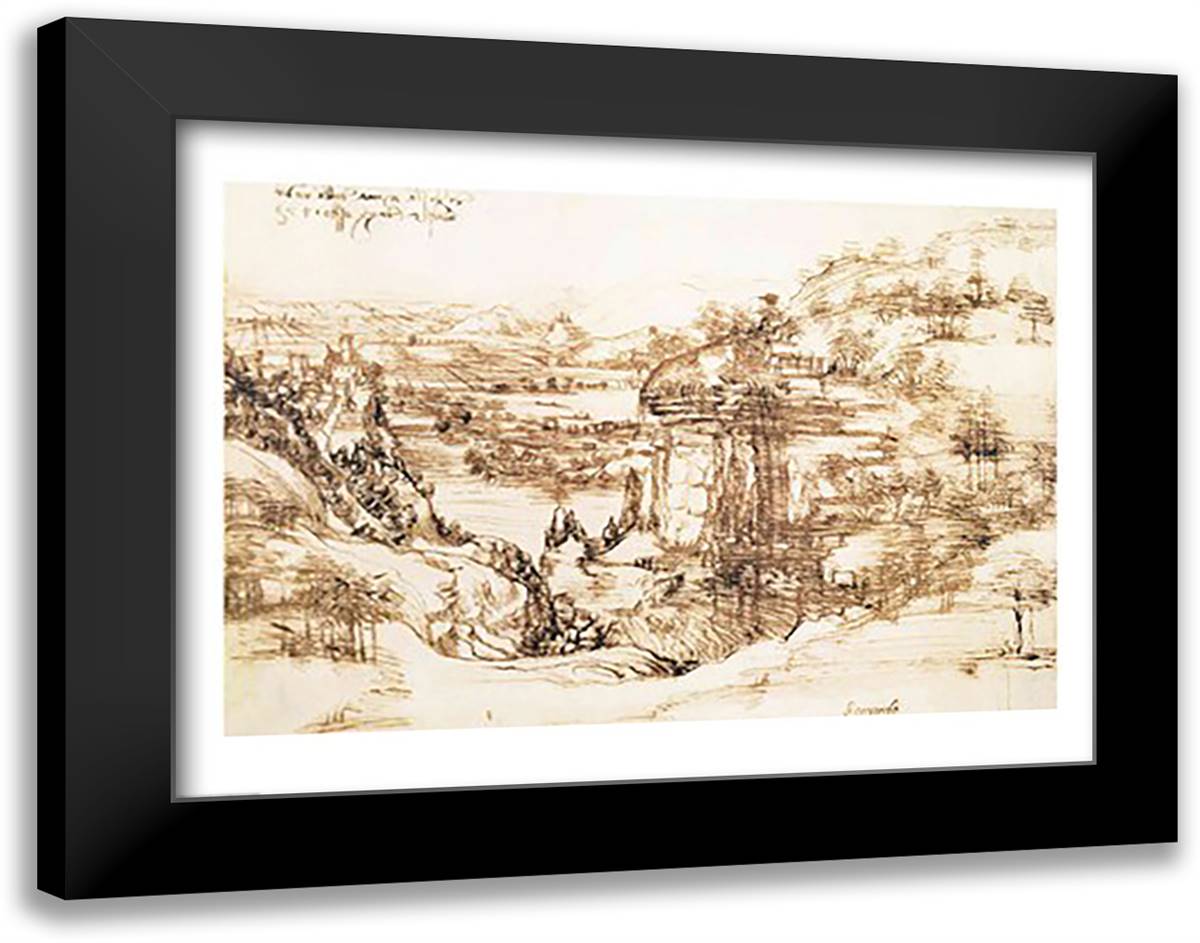 Arno Landscape, 5th August, 1473 28x22 Black Modern Wood Framed Art Print Poster by da Vinci, Leonardo