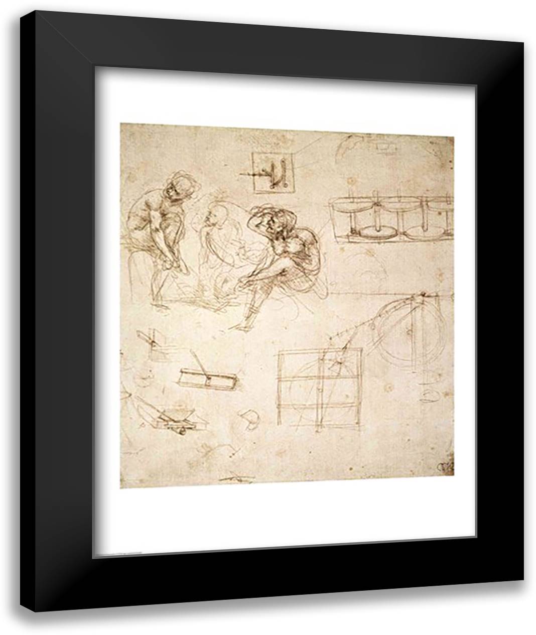 Studies of Figures and of Machinery 22x28 Black Modern Wood Framed Art Print Poster by da Vinci, Leonardo