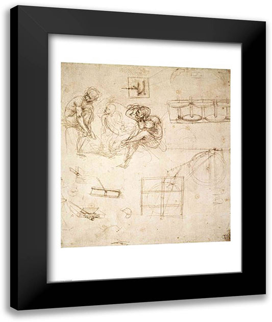 Studies of Figures and of Machinery 22x28 Black Modern Wood Framed Art Print Poster by da Vinci, Leonardo