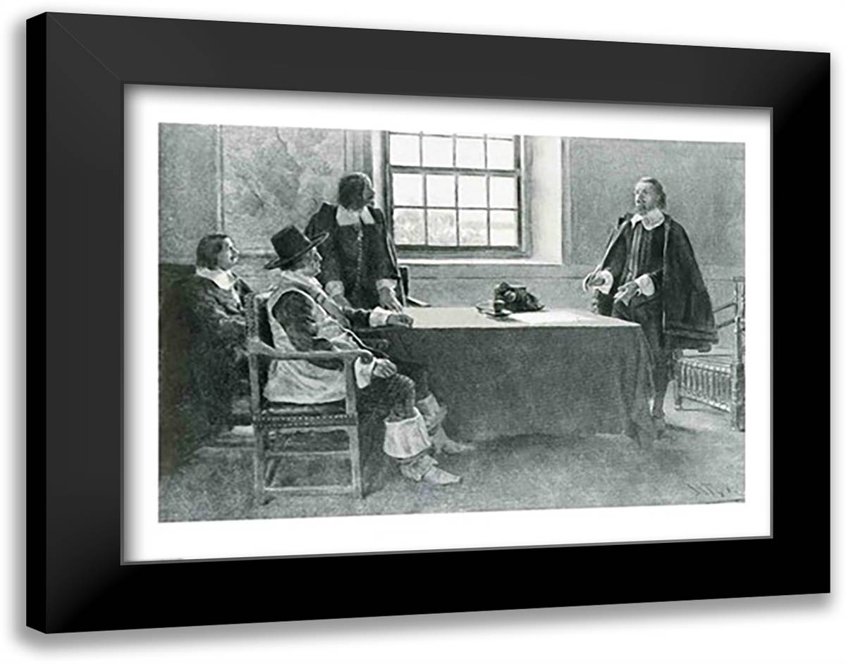 Sir William Berkeley Surrendering to the Commissioners of the Commonwealth, illustration from 'In Washington's Day' 28x22 Black Modern Wood Framed Art Print Poster by Pyle, Howard