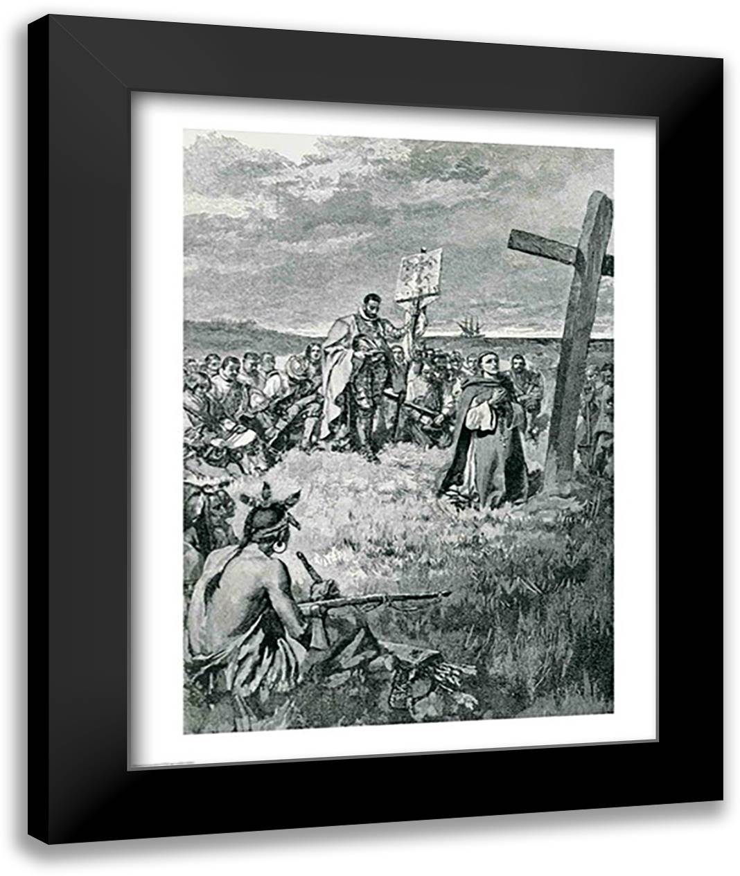 Jacques Cartier Setting up a Cross at Gaspe 22x28 Black Modern Wood Framed Art Print Poster by Pyle, Howard