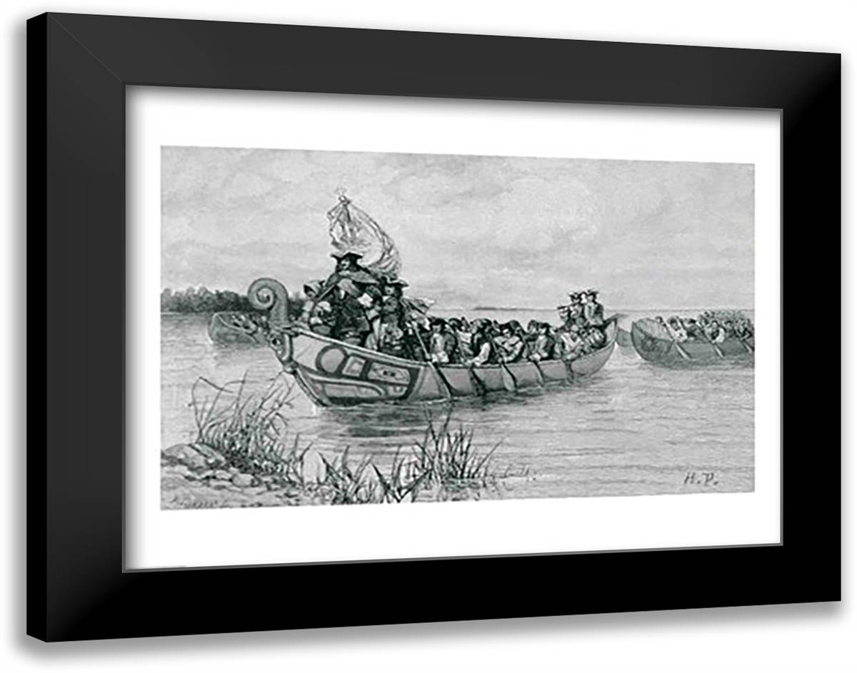 The Landing of Cadillac, illustration from 'The City of the Strait' 28x22 Black Modern Wood Framed Art Print Poster by Pyle, Howard