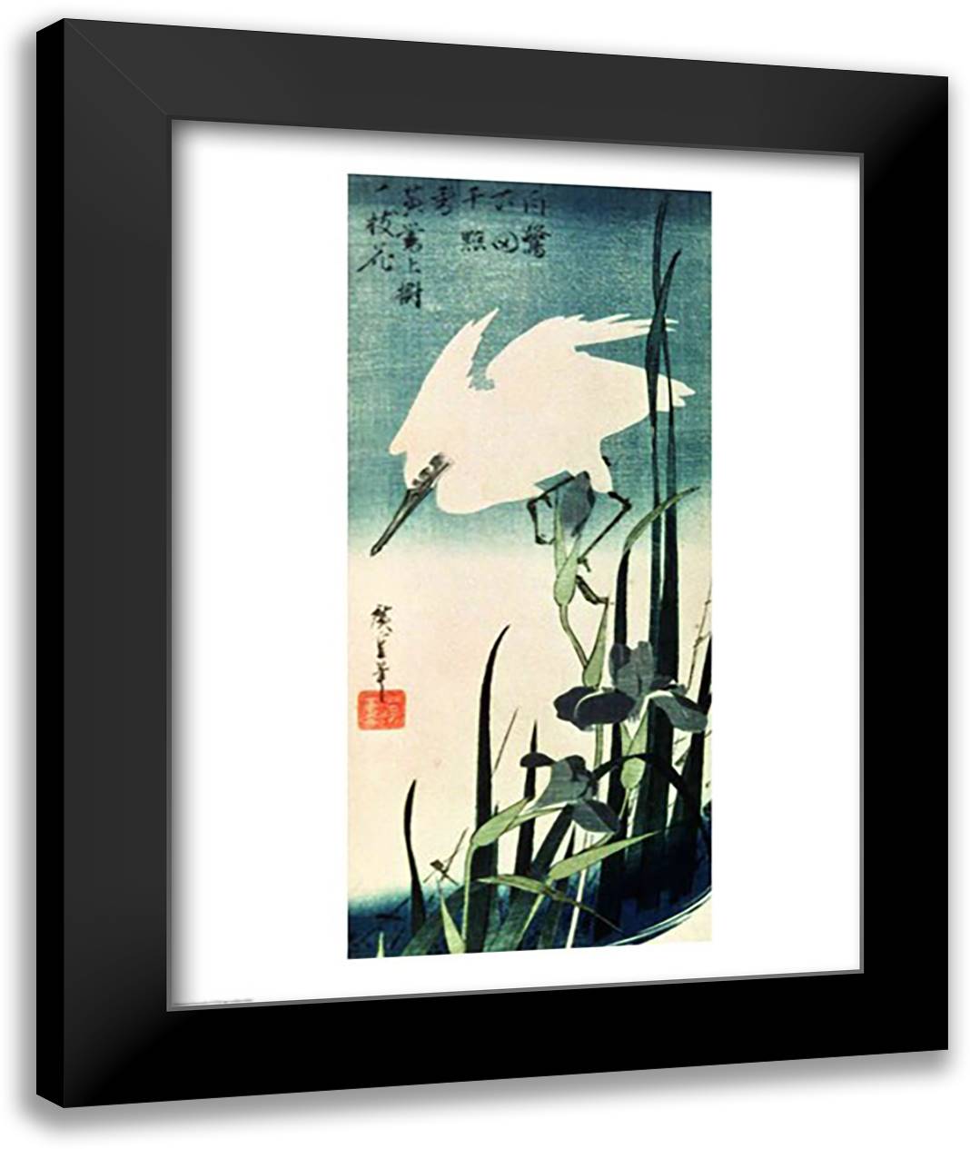 White Heron and Iris 22x28 Black Modern Wood Framed Art Print Poster by Hiroshige, Utagawa