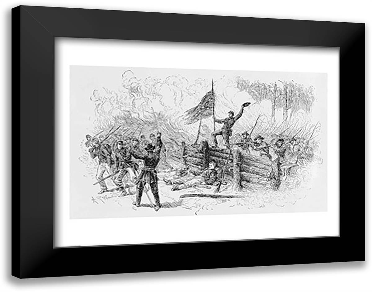 Capture of a part of the burning union breastworks on the Brock Road on the afternoon of May 6th 28x22 Black Modern Wood Framed Art Print Poster by Waud, Alfred R.