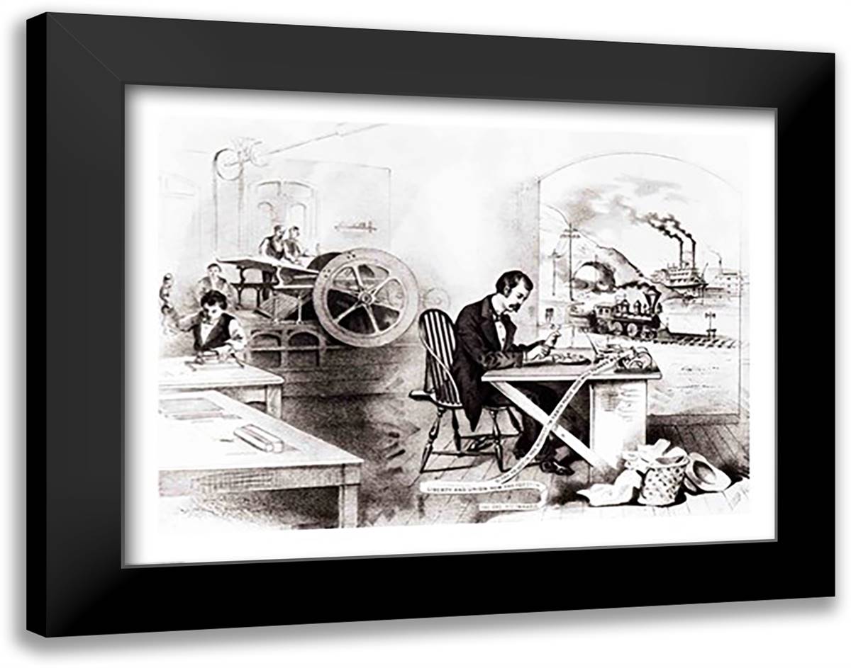 The Progress of the Century: The Lightning Steam Press, the Electric Telegraph, the Locomotive and the Steamboat 28x22 Black Modern Wood Framed Art Print Poster