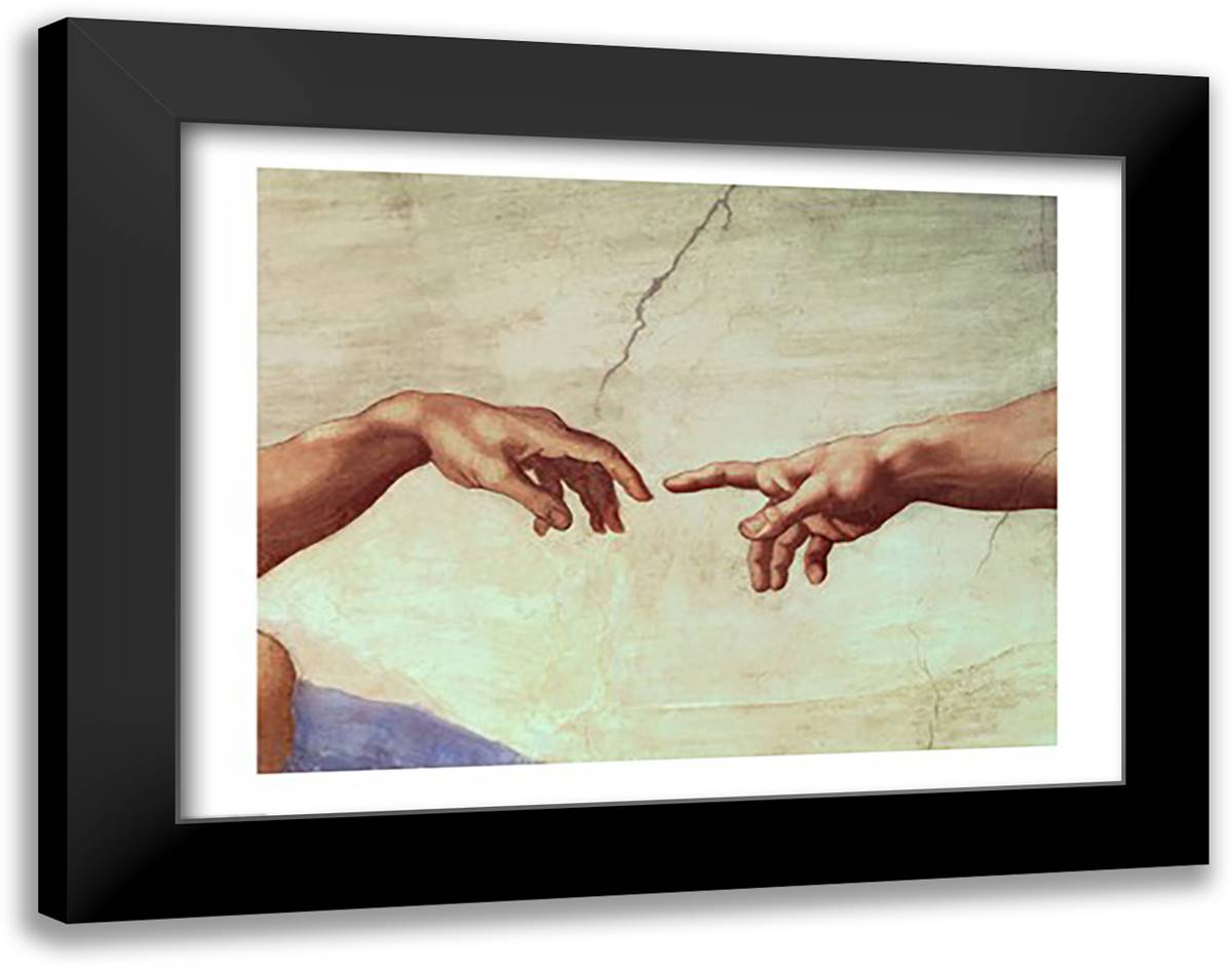 Hands of God and Adam, detail from The Creation of Adam, from the Sistine Ceiling, 1511 28x22 Black Modern Wood Framed Art Print Poster by Michelangelo