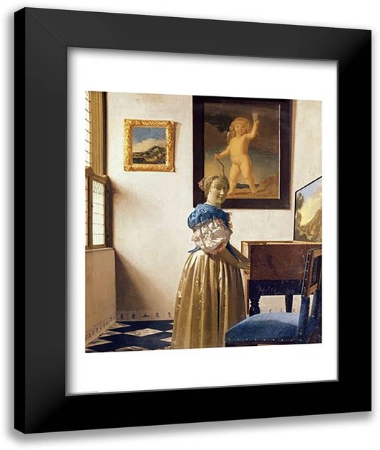 Lady standing at the Virginal 22x28 Black Modern Wood Framed Art Print Poster by Vermeer, Johannes