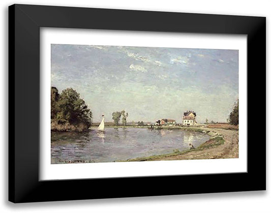 At the River's Edge, 1871 28x22 Black Modern Wood Framed Art Print Poster by Pissarro, Camille