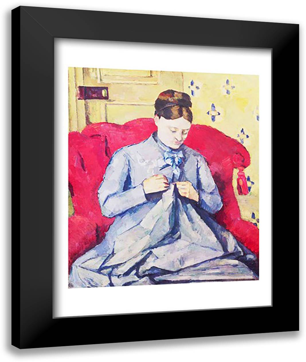 Madame Cezanne sewing 22x28 Black Modern Wood Framed Art Print Poster by Cezanne, Paul