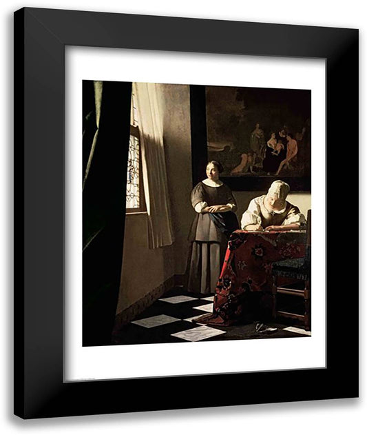 Lady writing a letter with her Maid 22x28 Black Modern Wood Framed Art Print Poster by Vermeer, Johannes