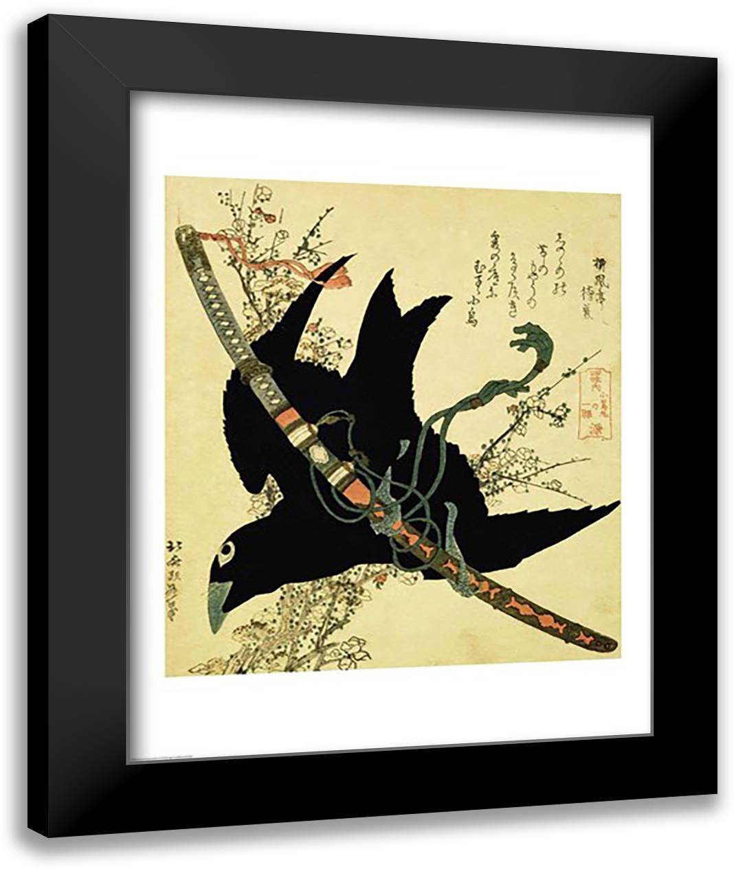 The Little Raven with the Minamoto clan sword 22x28 Black Modern Wood Framed Art Print Poster by Hokusai, Katsushika